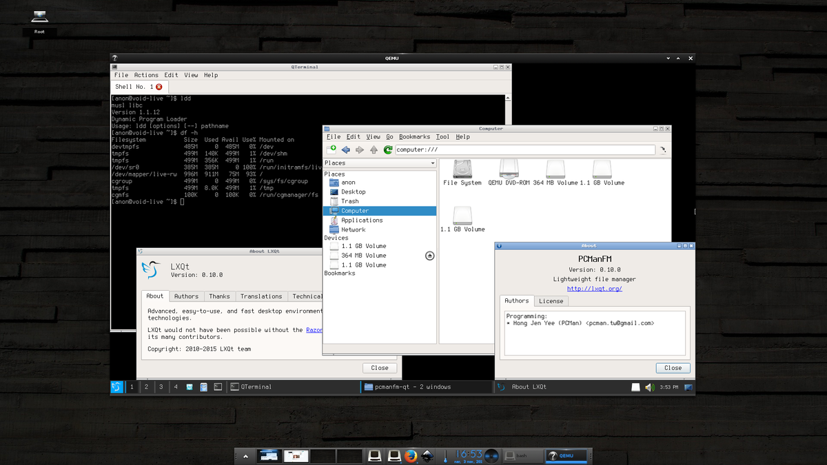 VoidLinux's tweet image. Live image with #LXQt for x86 (glibc, musl) coming soon. Screenshot for the x86_64 musl image. #voidlinux