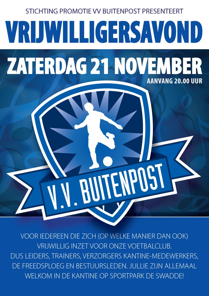 vvBuitenpost's tweet photo. Ben jij vrijwilliger bij VV Buitenpost? Dan graag tot zaterdag 21 november in de kantine op sportpark De Swadde! RT https://t.co/i0klw6b9zG