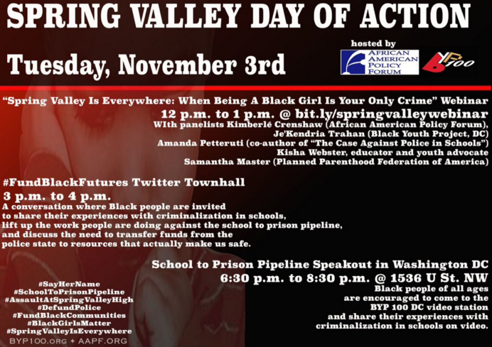 AAPolicyForum's tweet image. Spring Valley Day of Action is kicking off shortly! @BYP_100 #BlackGirlsMatter #SayHerName #AssaultAtSpringValley