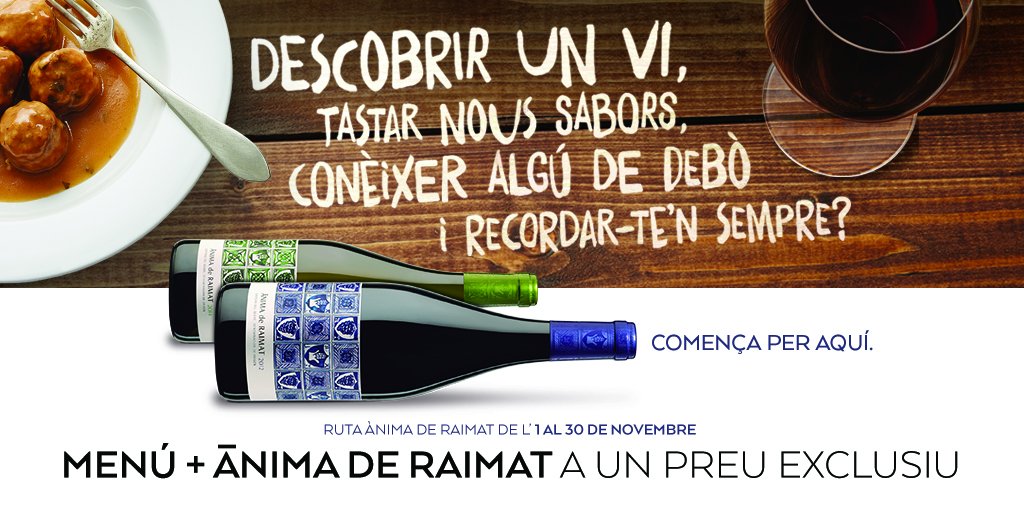 RaimatVinos's tweet photo. 100 restaurants de tot Catalunya brindant amb #AnimadeRaimat per celebrar la #RutaAnimaRaimat. Te la perdràs? https://t.co/7u46mlCX28
