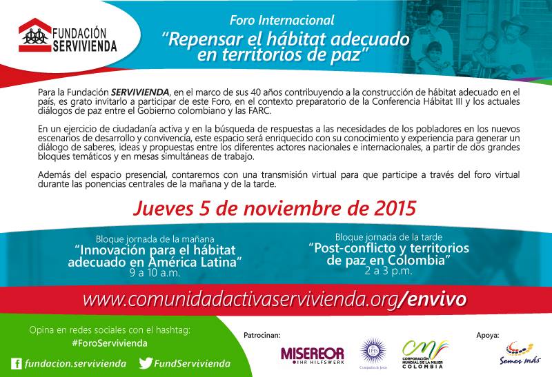 FundServivienda's tweet photo. [FORO] Participa en “Repensar el hábitat adecuado en territorios de paz” 5 de noviembre aquí https://t.co/lzTj4RvuAh https://t.co/9EDvUuGd1C