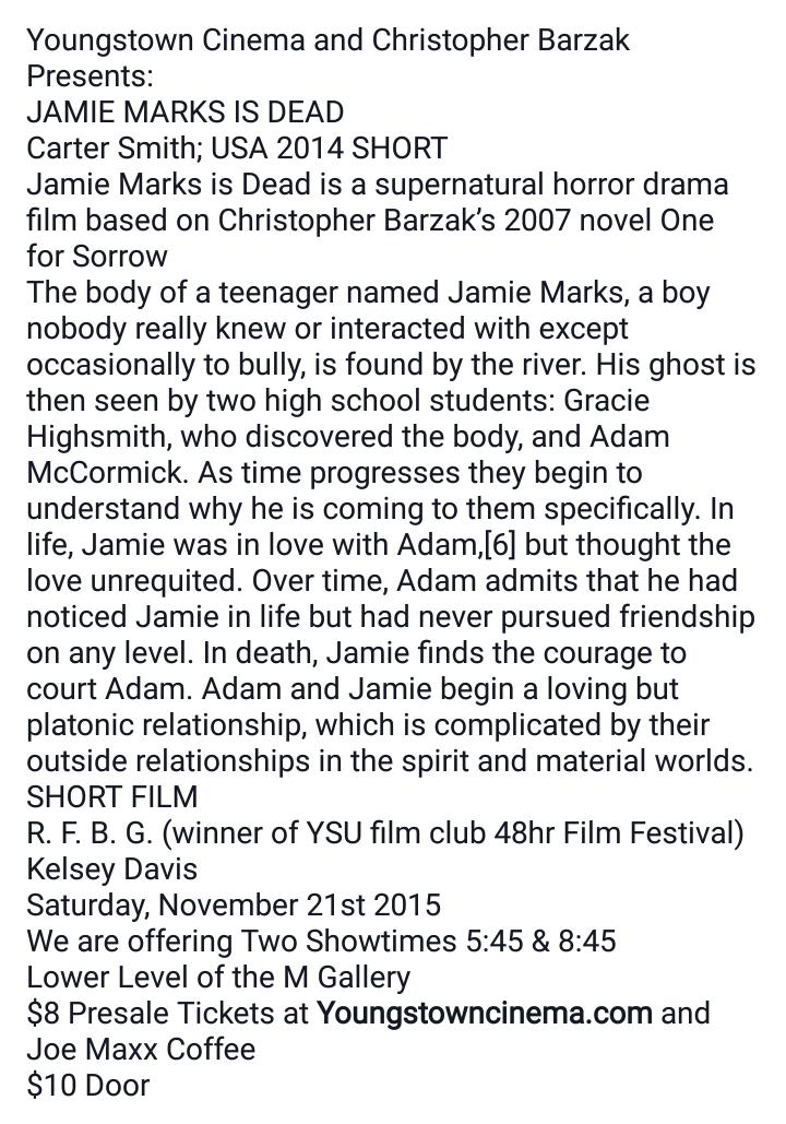 CameronMSOURCE's tweet photo. #JMID Jamie Marks Is Dead's screening on Saturday, November 21, 5:45pm &amp; 8:45pm in Youngstown, Ohio. INFOS: https://t.co/ugTyCR0aYu