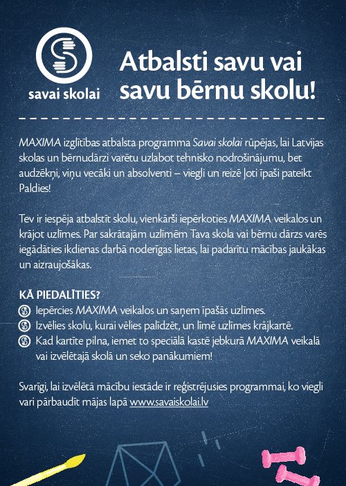 Salas vidusskola on Twitter: "MAXIMA rīko akciju SAVAI SKOLAI. Lūdzu krāj  uzlīmes arī TU. Apskati skolas izvēlētās preces https://t.co/up9i2go85q  https://t.co/IT45V9Vft9"