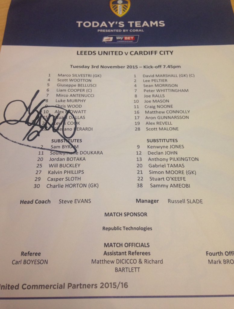 LUFC's tweet photo. RT for a chance to win this #lufc vs @CardiffCityFC team sheet signed by match-winner @alex_mowatt https://t.co/TYSm4hcAUs