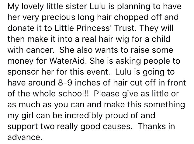 Beth_Sells's tweet photo. My lil sis Lulu is having her hair chopped for @WaterAidUK! Please see her @JustGiving page: https://t.co/dJCFFHwLHO https://t.co/ZI6s2s9DBa