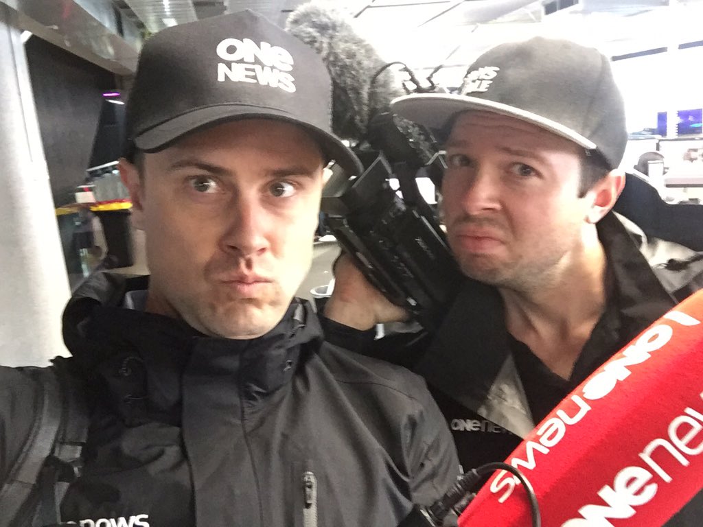 BreakfastSam's tweet photo. Me and @justindotmoore wearing our @ONENewsNZ hats for the All Blacks parade. #promotion #crosseyed https://t.co/9JD4Gm0txR