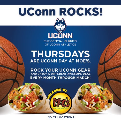 MoesCT's tweet photo. .@UConnHuskies ROCK! Come in every Thursday rockin' #UConn gear &amp; enjoy an awesome deal every month through March! https://t.co/yK7i1V4fyd