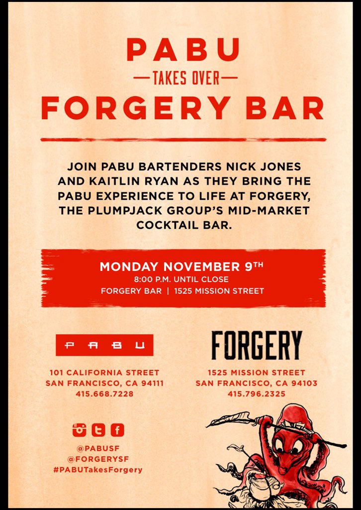 Can't wait to takeover <a href="/forgerysf/">forgerysf</a> next Monday 11/9. Cocktails, food and fun. #PABUTakeover #NotYourAverageMonday
