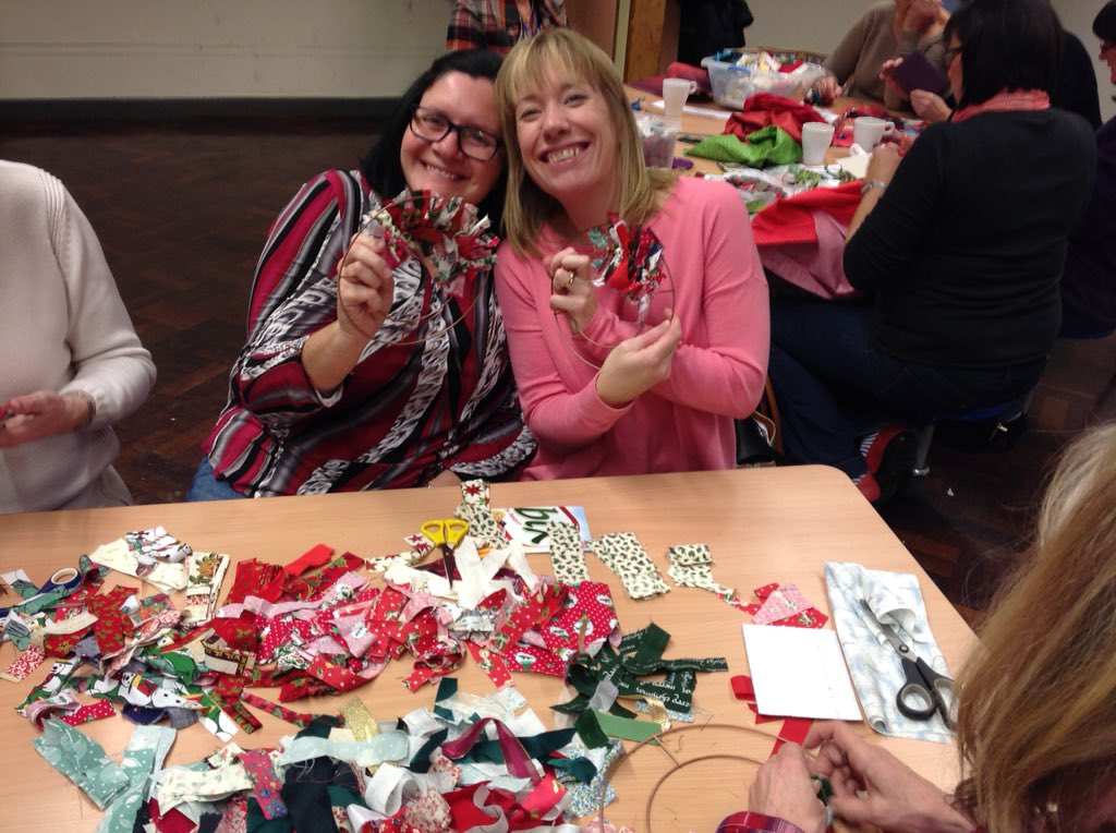 CookridgeWI's tweet photo. A fun evening making Christmas rag wreaths tonight. @cspendnfwicraft do you like them? https://t.co/itbcQRIBPD