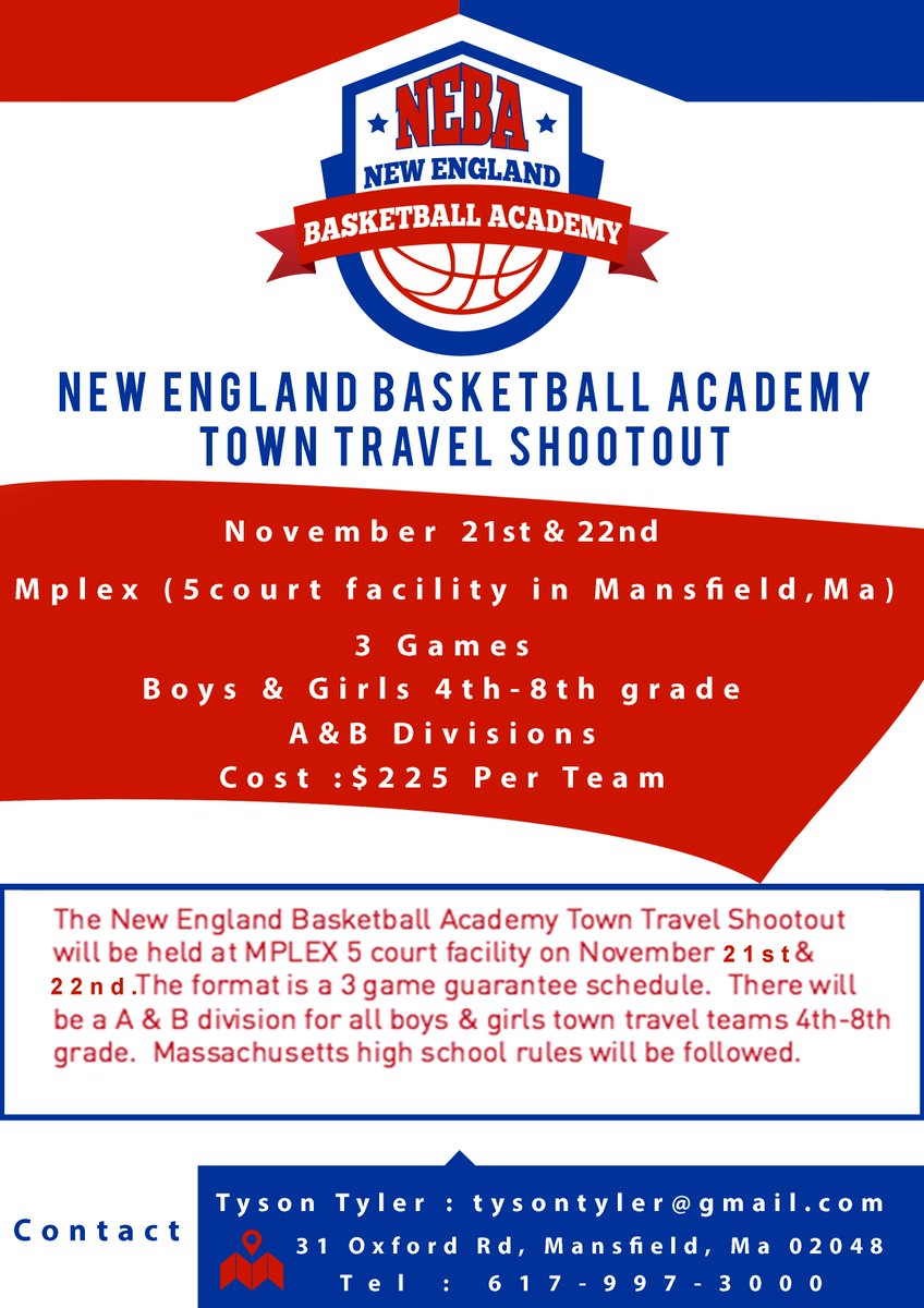 NE_BBallAcademy's tweet photo. 8th grade NEBA Tourney Nov 21-22 at @MPLEX is loaded! Newton,Plymouth, Taunton,Wareham,Scituate,Marshfield,Brookline https://t.co/aLsQIbhiO0
