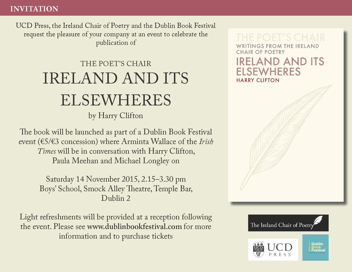 UCDPress's tweet photo. Join us for an afternoon of poetry with Harry Clifton, Paula Meehan &amp; Michael Longley! Sat 14th Nov @DublinBookFest https://t.co/5baKE5RS4Y