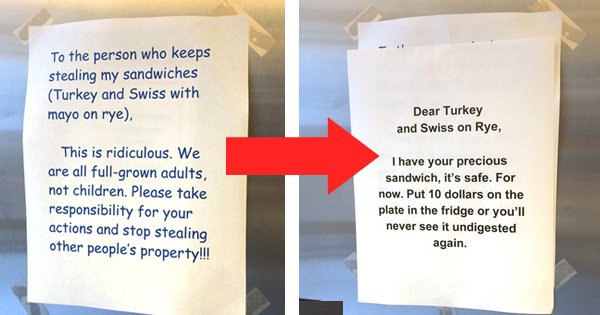 CollegeHumor's tweet photo. This Is The Most Passive-Aggressive #NationalSandwichDay Office Battle We've Ever Seen https://t.co/YSu86bovcR https://t.co/1IM2TC40Zf