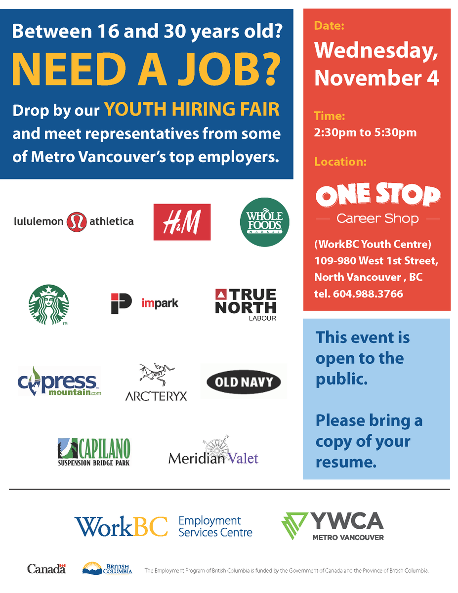 YWCA_CareerShop's tweet photo. Need a job? Know anyone looking for work? The Youth Hiring Fair is tomorrow! https://t.co/GqwaRw8J4J #hiring #yvr https://t.co/iqqGxjrjFr