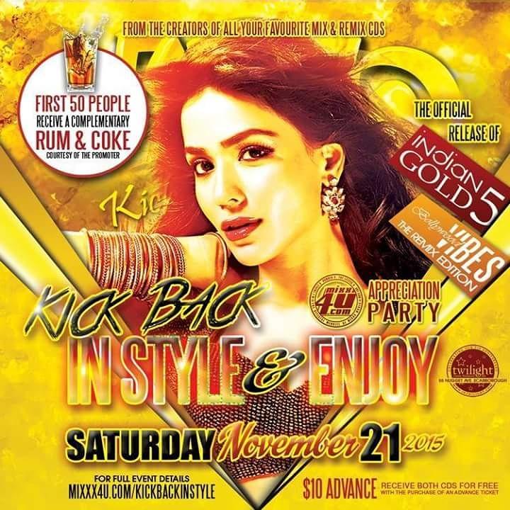 RickyGopiechand's tweet photo. #KickBackInStyle | SATURDAY NOVEMBER  21 | $10 ADVANCED TICKETS | CD RELEASE PARTY FOR BOLLYWOOD VIBES. https://t.co/HhHrtI2WkK