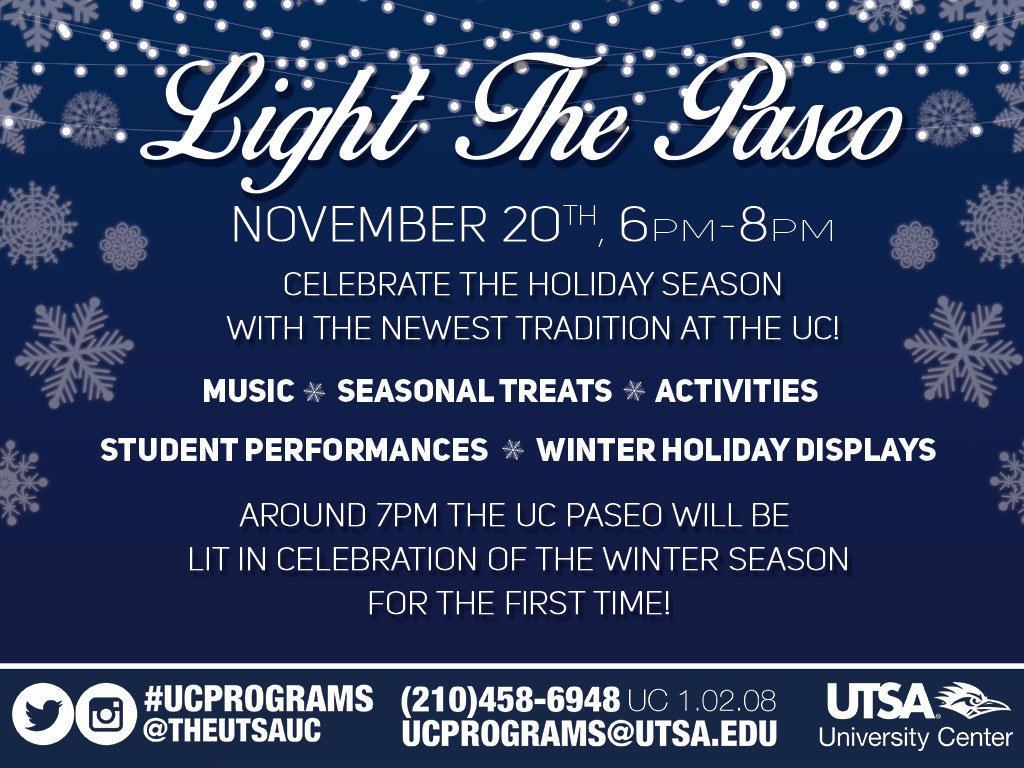 UTSA_StudentU's tweet photo. Special boards showing winter holidays around the world will be on display at #LightthePaseo 11/20! https://t.co/mGxSNvYGTI