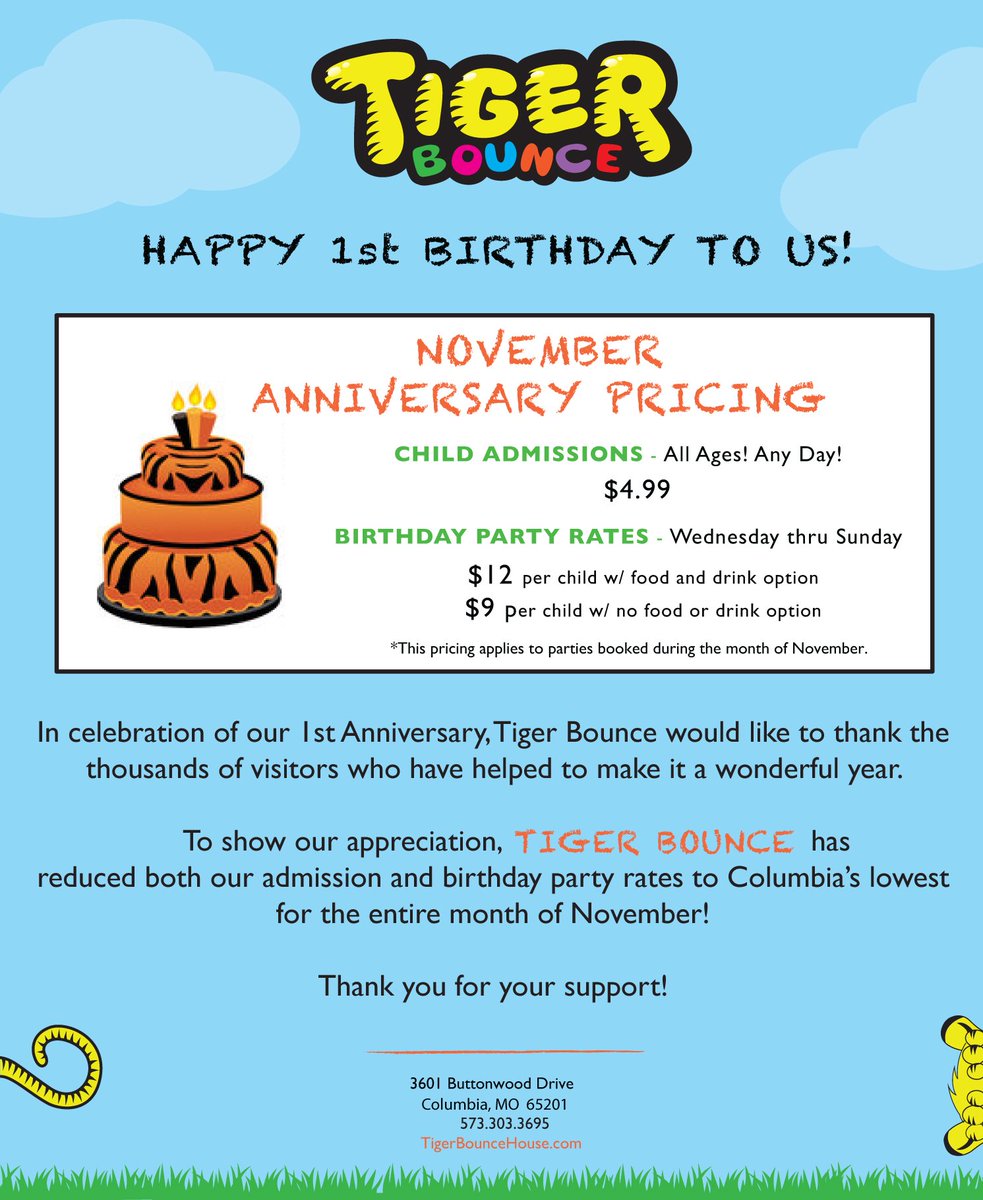 tiger_bounce's tweet photo. Happy Birthday to Us!  We're celebrating all month with special pricing! #1year #CoMo #Tigerbounce #bouncespecials https://t.co/o33ucdBXZ5