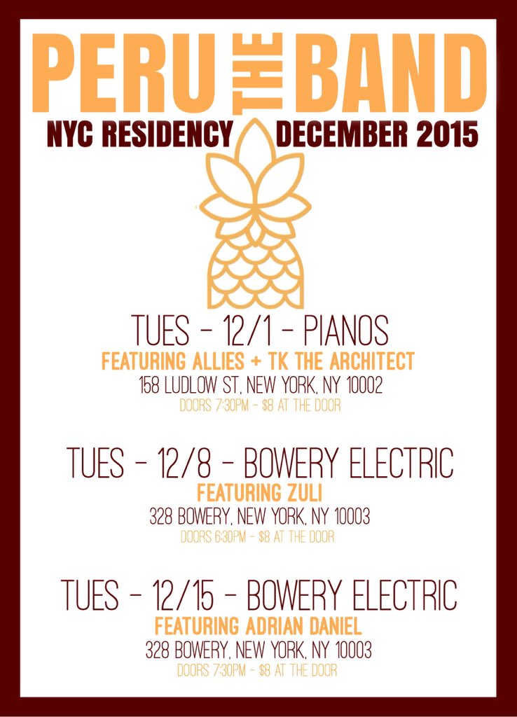 PERUtheband's tweet photo. We are excited to announce that we will be playing a NYC residency this December! https://t.co/DKYHjnW3NK