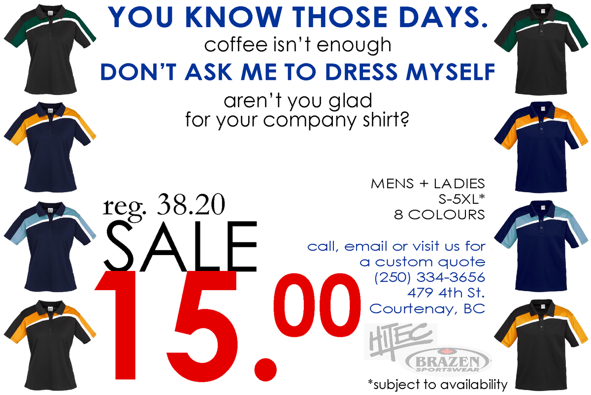 HitecBrazen's tweet photo. Fantastic #SALE on #company shirts #DowntownCourtenay #ComoxValley https://t.co/9qgtjwMxxg https://t.co/sMi2OuugPo