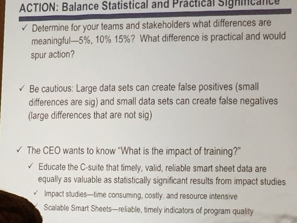 DaveHallmon's tweet photo. #MeasurementTip balance statistical and practical significance #Learning2015 https://t.co/A9nkVOkQ8w