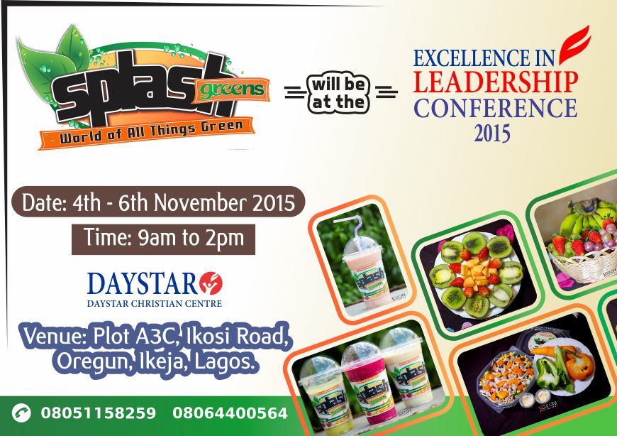 Instiiinct's tweet photo. Check #splashGreens stand at #ELC2015 @DaystarNG on ikosi rd, Oregun lagos. Natural fresh fruities and smoothies... https://t.co/R6ERMk4gxi