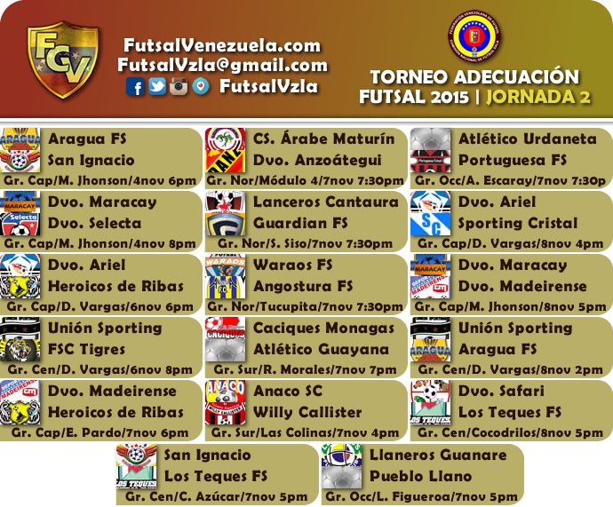FutsalVzla's tweet photo. #AdecuacionFutsal2015 | Calendario 2da jornada | https://t.co/pn0w7YvQ2j https://t.co/LGT5cfLXQ9