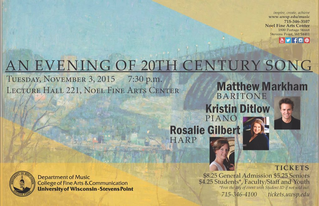 Join us in Lecture Hall 221 for An Evening of 20th Century Song at 7:30 p.m.  Don't miss out!