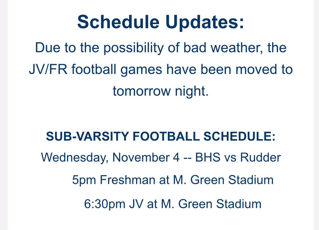 BHSVikingFB's tweet photo. GAME UPDATE: Sub varsity games vs Rudder have been moved.  @Wallis_BeTheONE @LaneBuban @BryanISD @BryanISDSports https://t.co/mKaAtkUls1