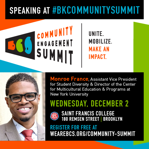 WeAreBCS's tweet photo. NYU's @monroefrance will moderate our #BKCommunitySummit panel. #FREE to attend. Get info at https://t.co/UYi4RMHvzX https://t.co/Rv0BkzA9UX