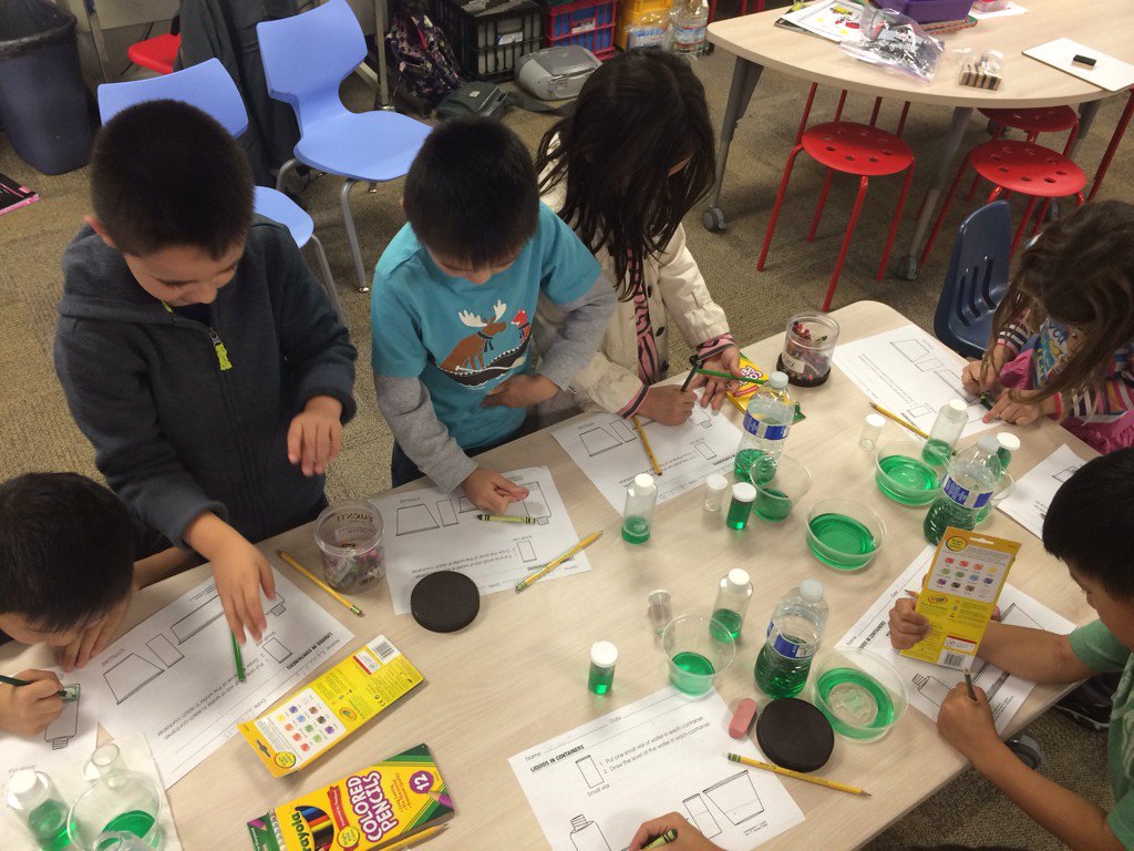 SRroom22's tweet photo. Learning about liquids! What happens when u pour a vial of liquid into different shaped containers? https://t.co/1hUtnUygSW
