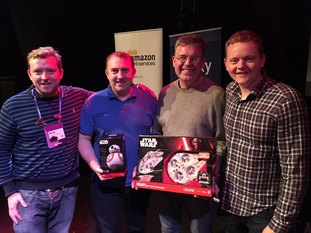 acloudguru's tweet photo. Great @AWSUserGroup Meetup here in Dublin! Here are our winners of the BB-8 droid and the Millennium Falcon drone! https://t.co/O8Uk2L00ry