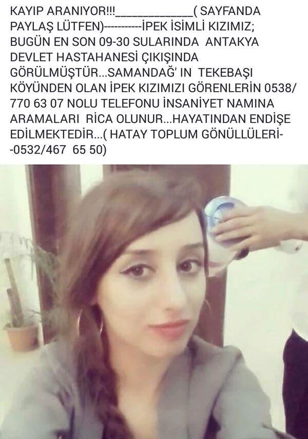 ANTAKYA DİKKAT... KAYIP ARANIYOR..
🔊🔊LÜTFEN YAYALIM🔊🔊
🔊🔊LÜTFEN RT RT🔊🔊
<a href="/SunayAkin/">Sunay Akın</a> <a href="/serrafine/">Serra Yilmaz</a> <a href="/LeventUzumcu/">Levent Üzümcü</a>