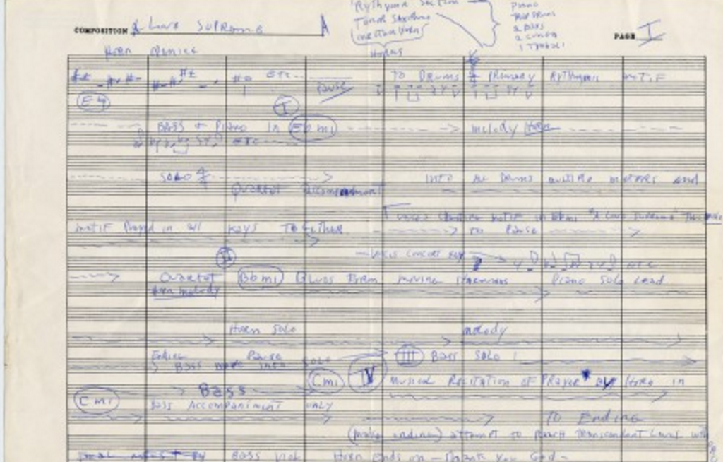 openculture's tweet photo. John Coltrane’s Handwritten Outline for His Masterpiece A Love Supreme https://t.co/Qernt5RBDr https://t.co/xqjSqy1d4X