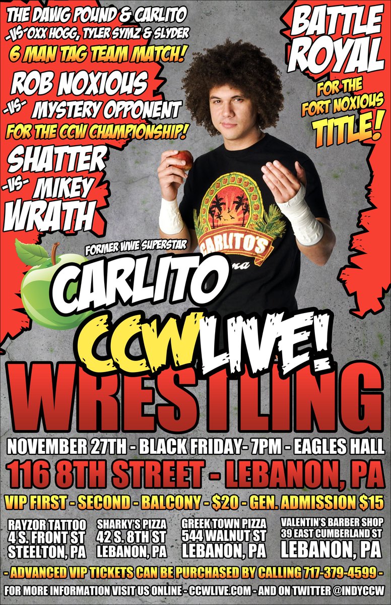 IndyCCW's tweet photo. CCW returns to Lebanon, PA and welcomes the debut of Carlito @Bodyguylito to CCW! Tickets available now! #wrestling https://t.co/Ztm67sOpvR