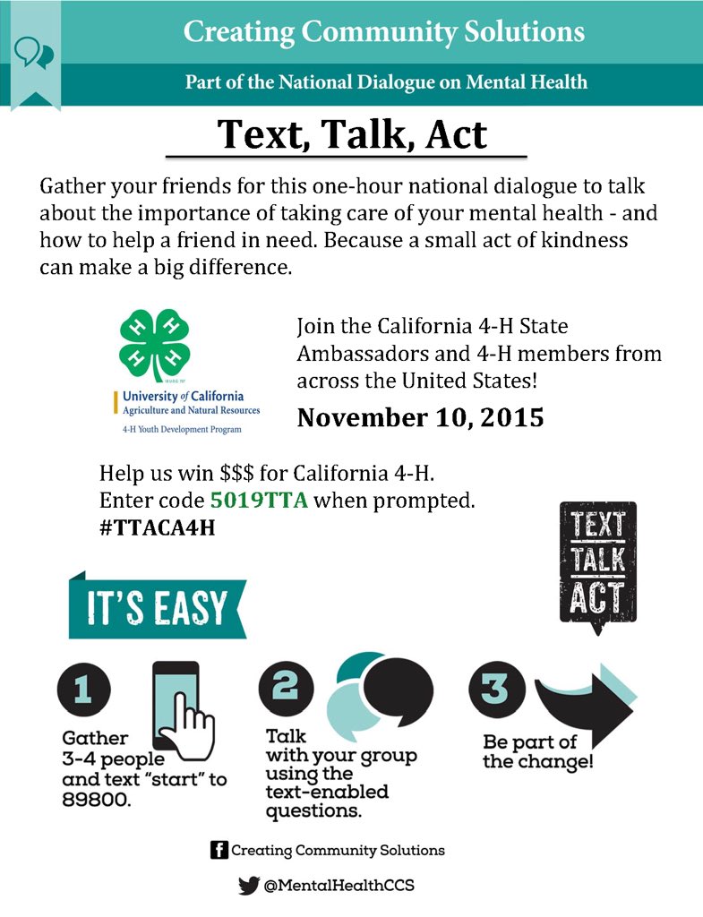 California4H's tweet photo. Join the CA State Ambassadors in the conversation on Mental Health #ttaca4h #texttalkact @ucanr @national4h https://t.co/obkTYjJzXm