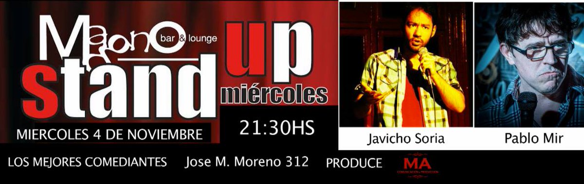#MAStandup en Espacio Magno
HOY 21.30hs - Javicho Soria - Pablo Mir
<a href="/JavichoSoria/">Javicho Soria</a> <a href="/soypablomir/">Pablo Mir</a> @AssadourianMari