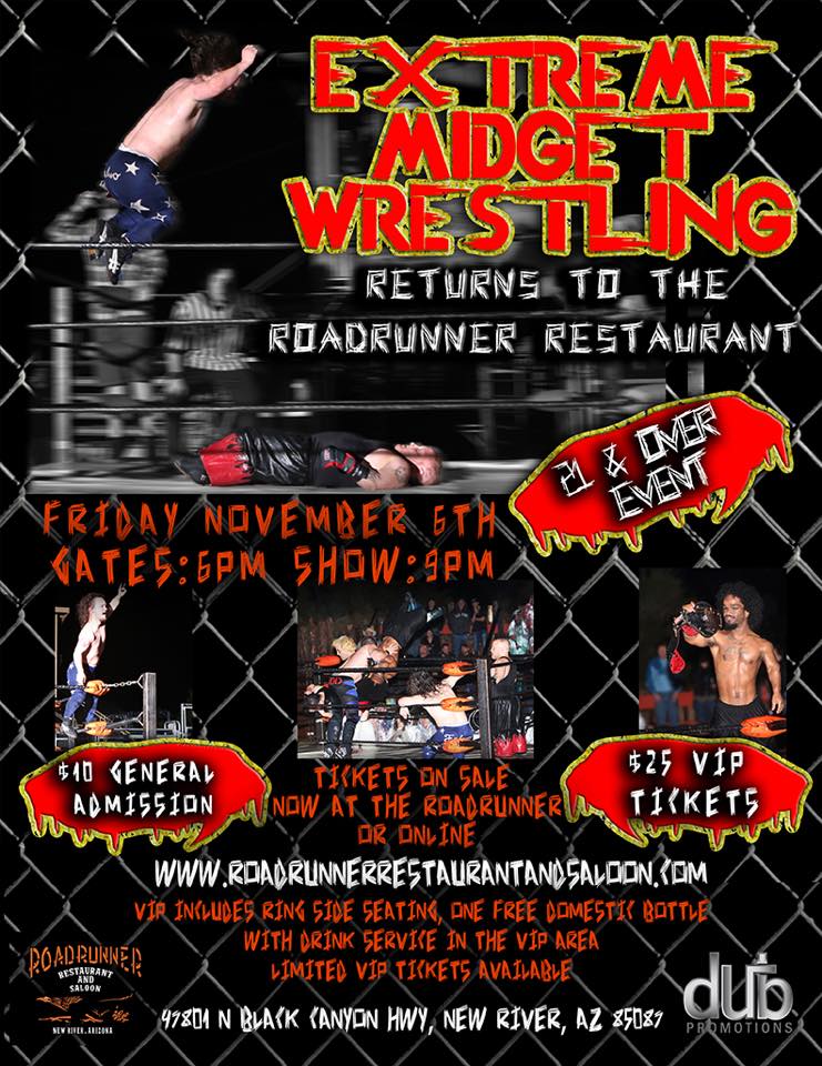 OneBlowKO's tweet photo. Join us on 11/6/15 for midget wrestling @ Roadrunner Restaurant &amp; Saloon. Hope to see you there for some fun. https://t.co/SzIqKUZcFF