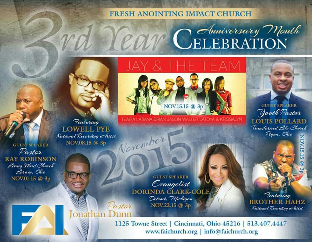 pastorjdunn's tweet photo. Come Celebrate with us!! 3rd year Church Celebration! #Freshanointingimpact #Failove #jonathandunn #anniversary https://t.co/7Tw62DJnEe