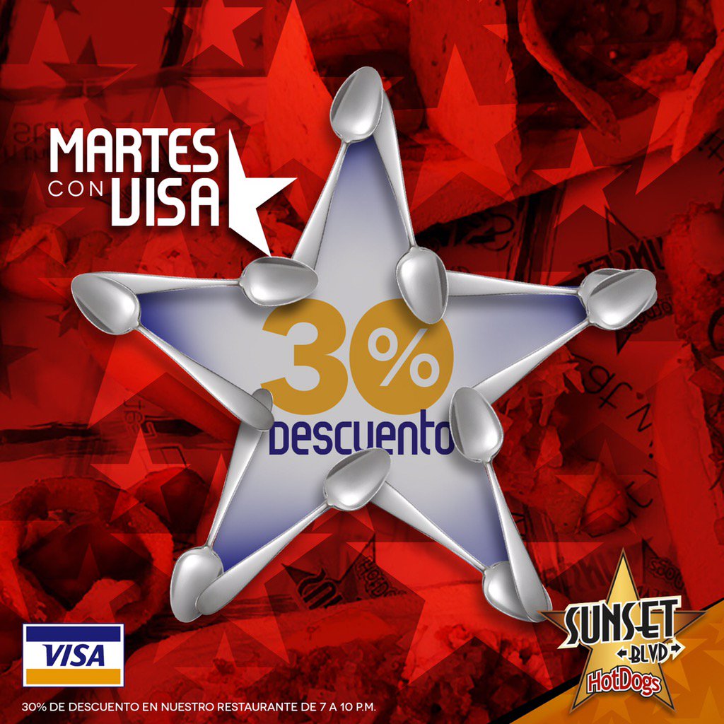 SunsetHotDogs's tweet image. Hoy es #martes #visa! Paga con tu #visa y recibe un 30% de descuento, aplica de 7pm a 10pm. Te esperamos!
