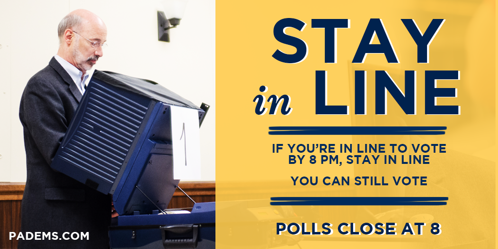 PADemParty's tweet photo. STAY IN LINE: If you're in line by 8 PM, stay in line. You can still vote. https://t.co/SANMPcWOXb