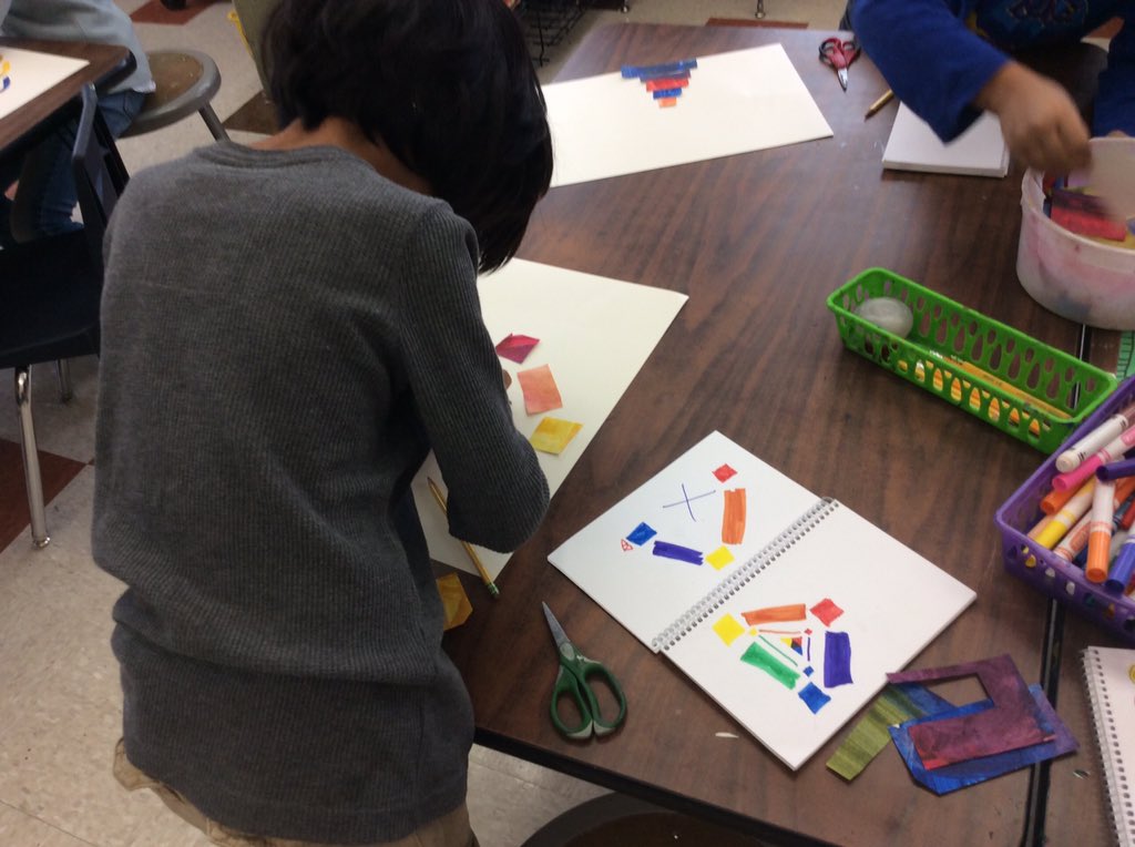 iaaartstudio's tweet photo. Reinventing the (color) wheel in 3rd grade with painted paper collages #iaavt #bsdpd https://t.co/KLvbUQorQn
