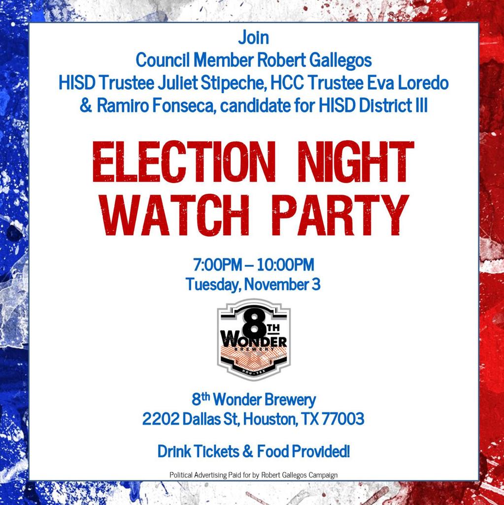 RobertGallegos_'s tweet photo. After the polls close, join us at @8thWonderBrew from 7-10pm to watch the results! 2202 Dallas St #districti https://t.co/WwfqgvQgTH