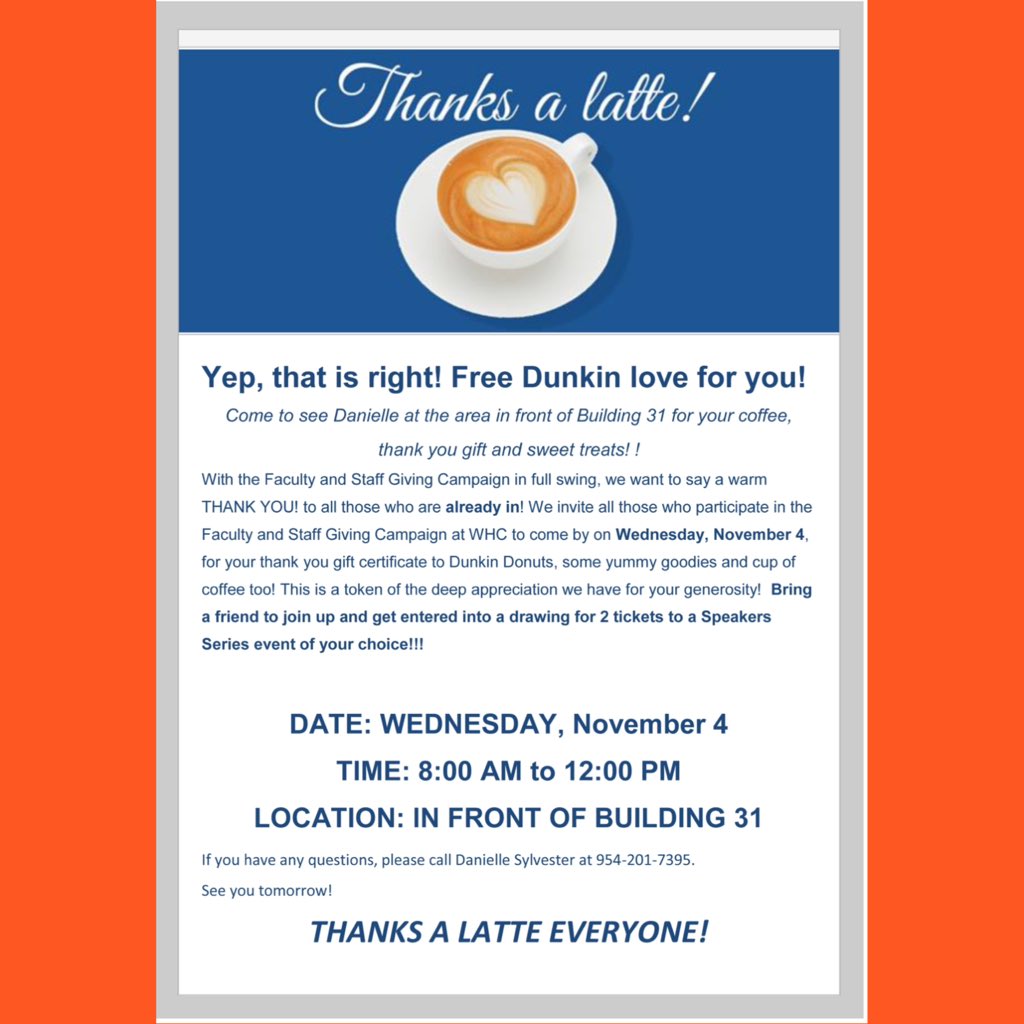 eventsatBC's tweet photo. Hello Downtown! Wednesday 11/04 is Thanks A Latte Day!! @BrowardCollege @broward_alumni #BCProud #BrowardCollege https://t.co/Uk6PikU2oC