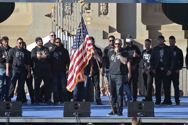 CBSSportsMLB's tweet photo. WATCH: Jonny Gomes' speech highlights Royals World Series parade https://t.co/SlRmACDhMU https://t.co/fsXyaBqZpo