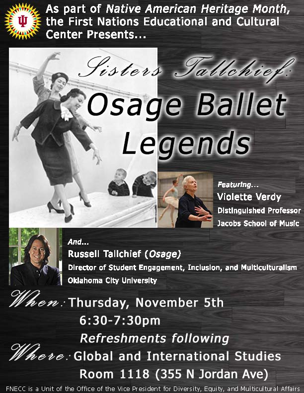 IU_Groups's tweet photo. Osage Ballet Legends w/Guests Violette Verdy & Russell Tallchief 6:30p at Global & Int'l Studies Rm 1118. #FNECC #IU https://t.co/V01czK5K1S