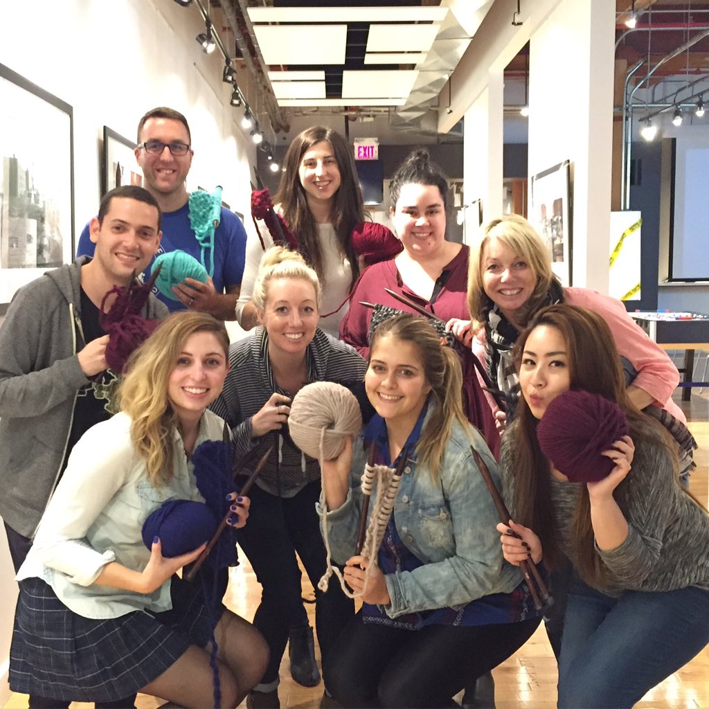 UbisoftToronto's tweet photo. We had a blast learning how to knit tonight! Thank you @hankandhook for coming into our studio and teaching us. https://t.co/4Oz5UrTuXF
