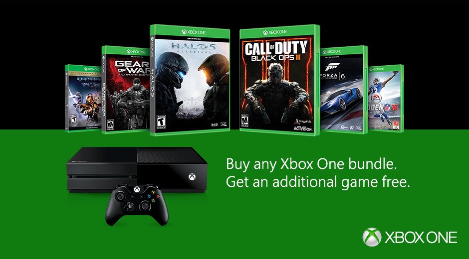 Xbox's tweet image. Buy an #XboxOne bundle. Choose an extra game [E-M] for FREE. This weekend only: xbx.lv/1PkrMkA