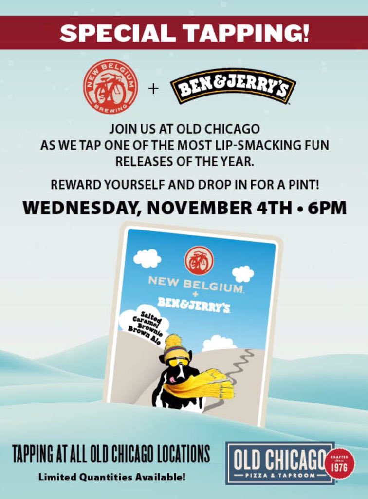 OldC_Academy's tweet photo. I scream you scream we all scream for... beer!? We tap @benandjerrys @newbelgium #SaltedCaramelBronieBrownAle at 6pm https://t.co/J3mIR9tO0y