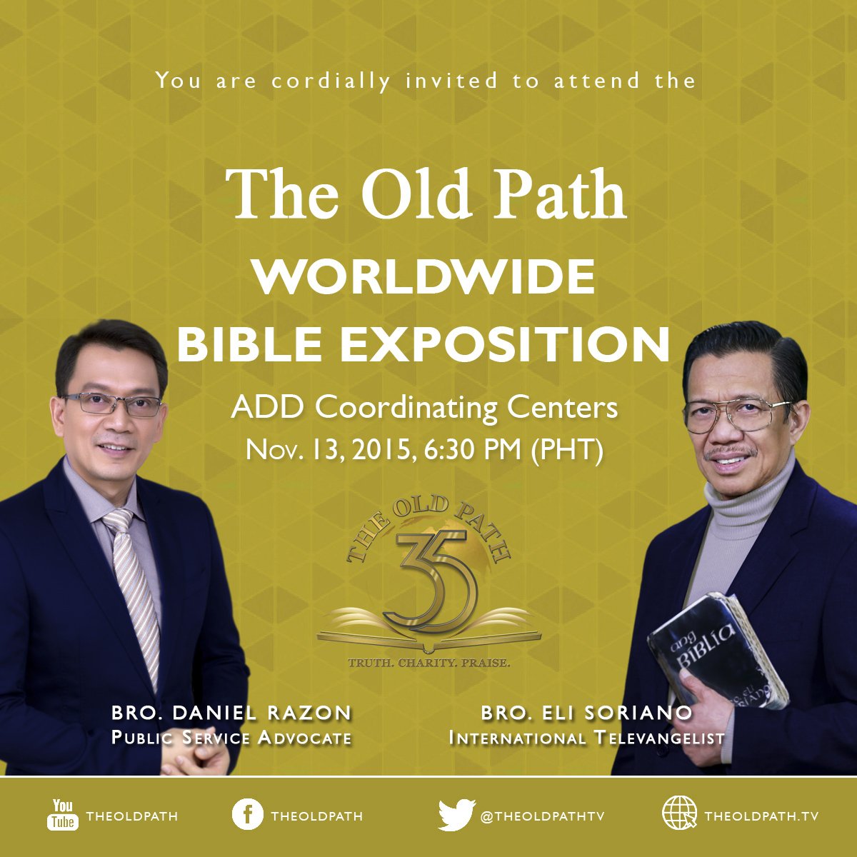 TheOldPathTV's tweet photo. We invite you to attend the Bible Exposition on Nov. 13, 2015, Friday, at 6:30 PM (PHT) in all ADD Coor. Ctrs. https://t.co/FXHC5FEAfG