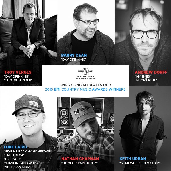 UMPG's tweet photo. Congrats to #BMICountryAwards Winners @troyverges @thebarrydean @endorffin @LukeLaird @PainInTheArt &amp; @KeithUrban!! https://t.co/P4yVuv4Ht0