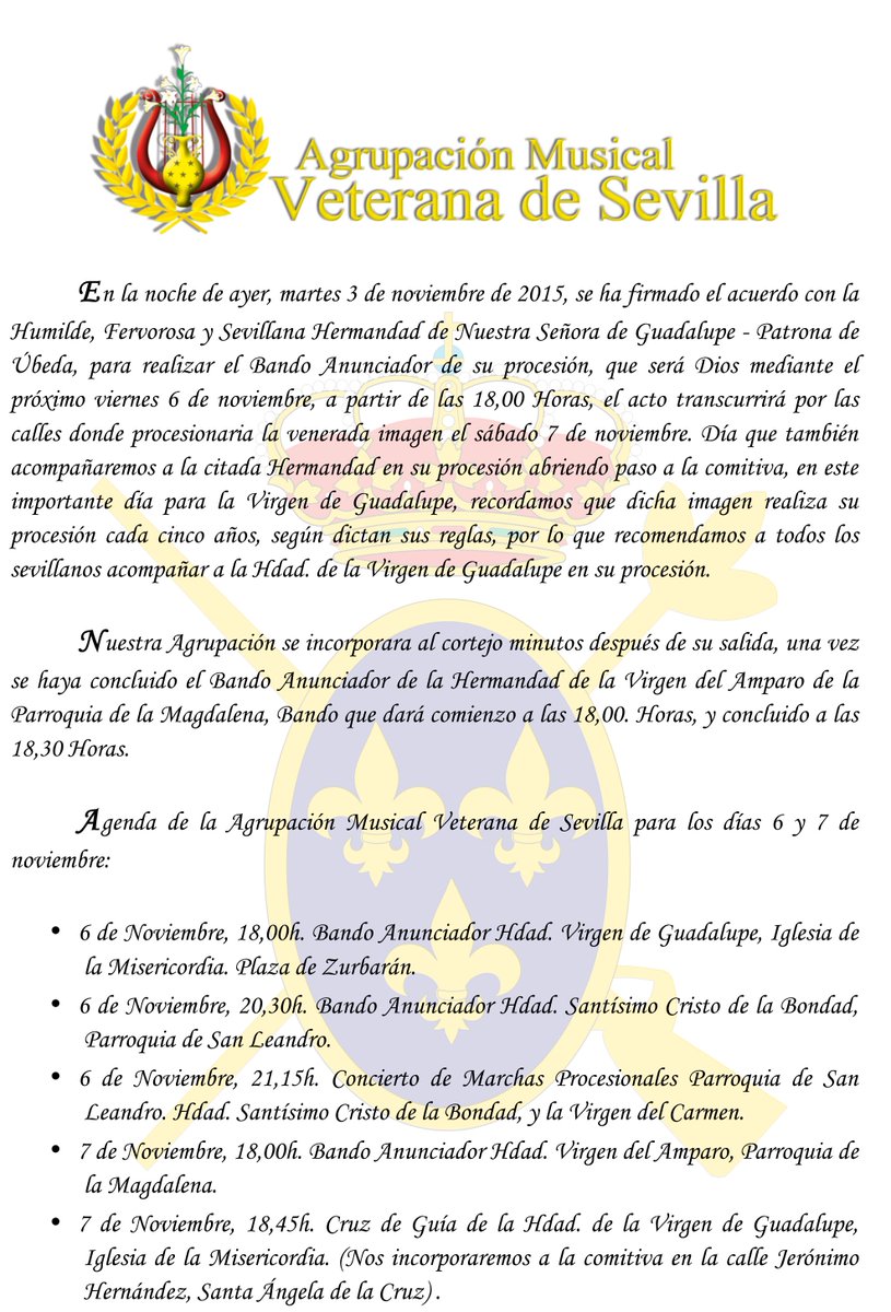 Relación de actos de la Agrupación Musical <a href="/VeteranaSevilla/">AM Veterana de Sevilla</a> para este fin de semana.